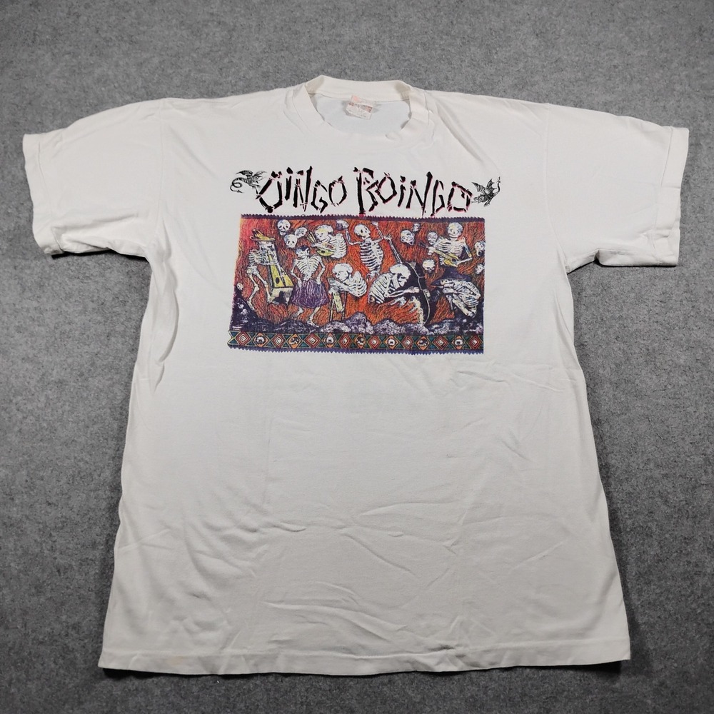 Vintage Oingo Boingo Skeleton Graphic T-Shirt L White Single Stitch 80s Rock Tee